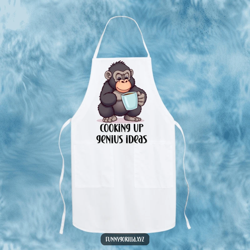 Funny apron depicting a gorilla balancing books in a funny pose, ideal for chefs who appreciate humor and intellectual challenges.