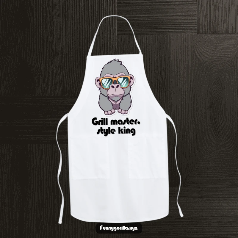 Funny Gorilla Apron, a mischievous gorilla wearing sunglasses winks, designed for cooking with humor and style, protecting your clothes.