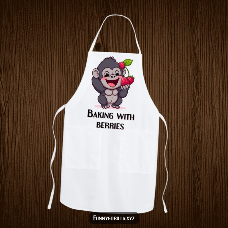 Funny Apron of a happy gorilla character excitedly offering a berry, making cooking and baking a joyous, humorous experience.