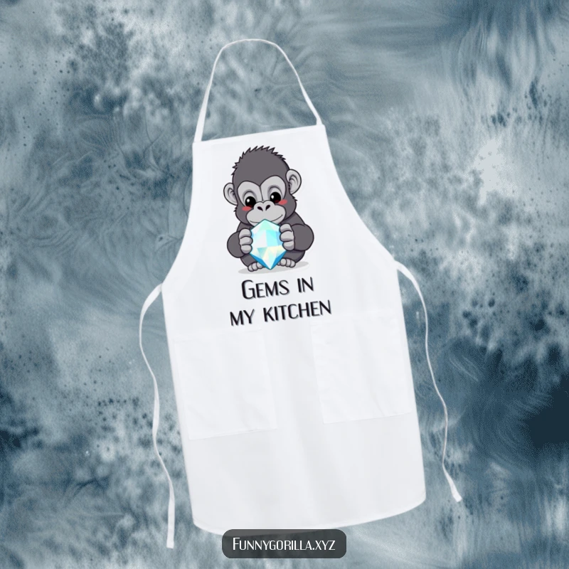Funny gorilla apron, a curious ape chef admiring a large, sparkling jewel while wearing an apron.