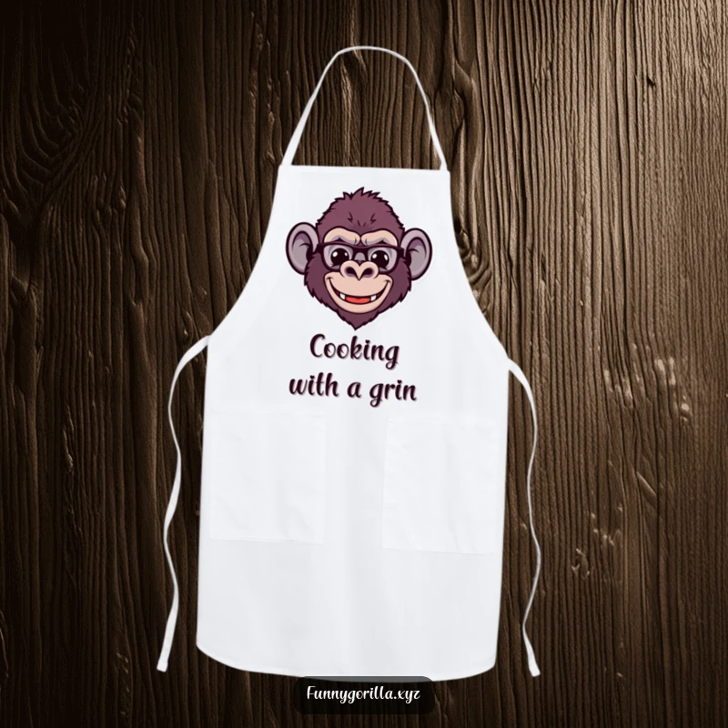 Funny Apron depicting a stylized gorilla head with a wide, comical smile and little ears, making kitchen chores hilariously enjoyable.