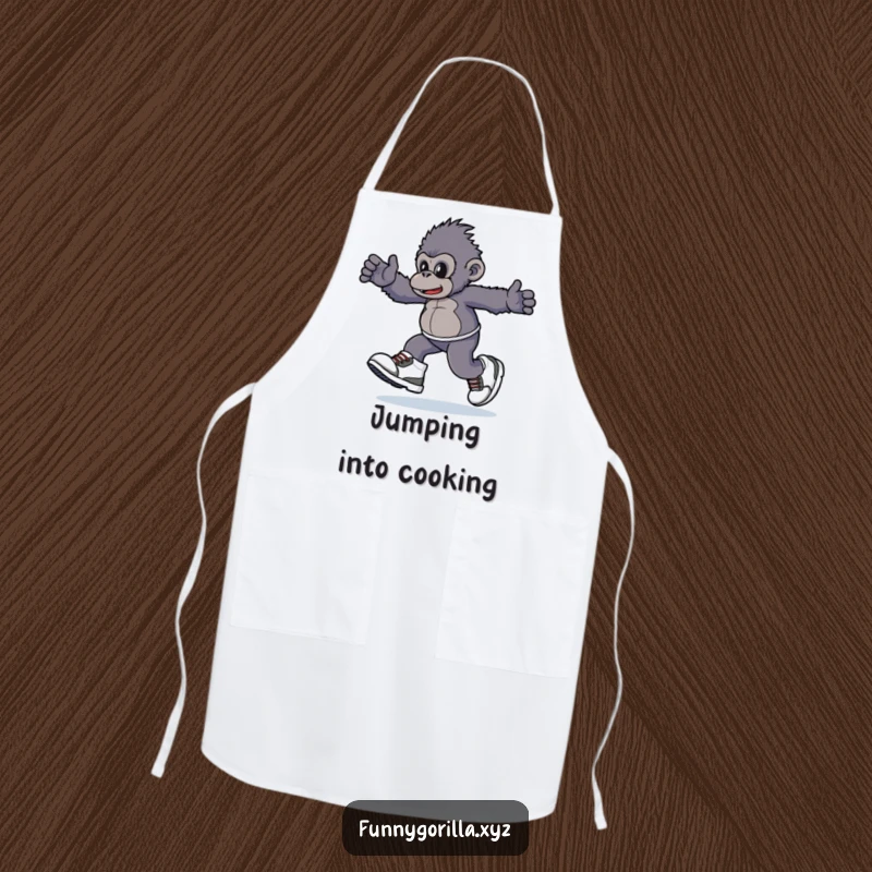 Funny Apron depicting a gorilla character playfully skipping in oversized sneakers, making kitchen tasks a joyous, humorous activity.