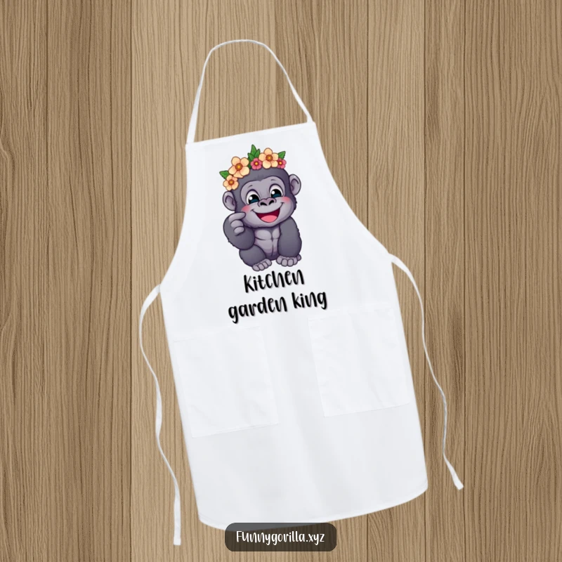 Funny apron showcasing a happy gorilla wearing a flower crown, playfully poking its cheek, ideal for kitchen protection and humor.