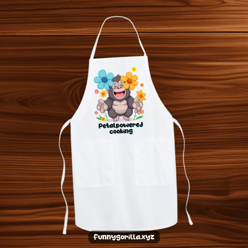Funny Apron showcasing a cheerful gorilla character juggling brightly colored flowers with large paws, adding humor to kitchen tasks.