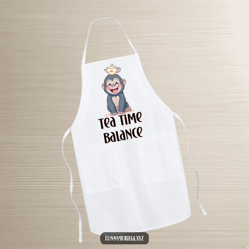Funny gorilla apron, a happy ape wearing an apron, attempting to balance a tiny teacup on its head.