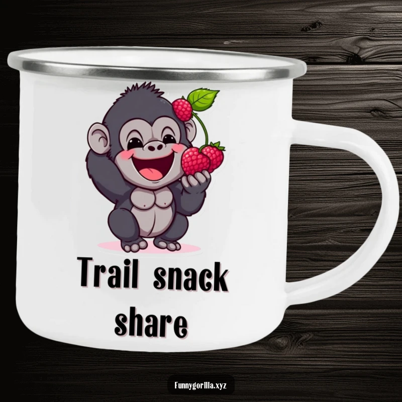 Funny Camping Mug of a happy gorilla character excitedly offering a berry, perfect for enjoying drinks outdoors with a cheerful vibe.