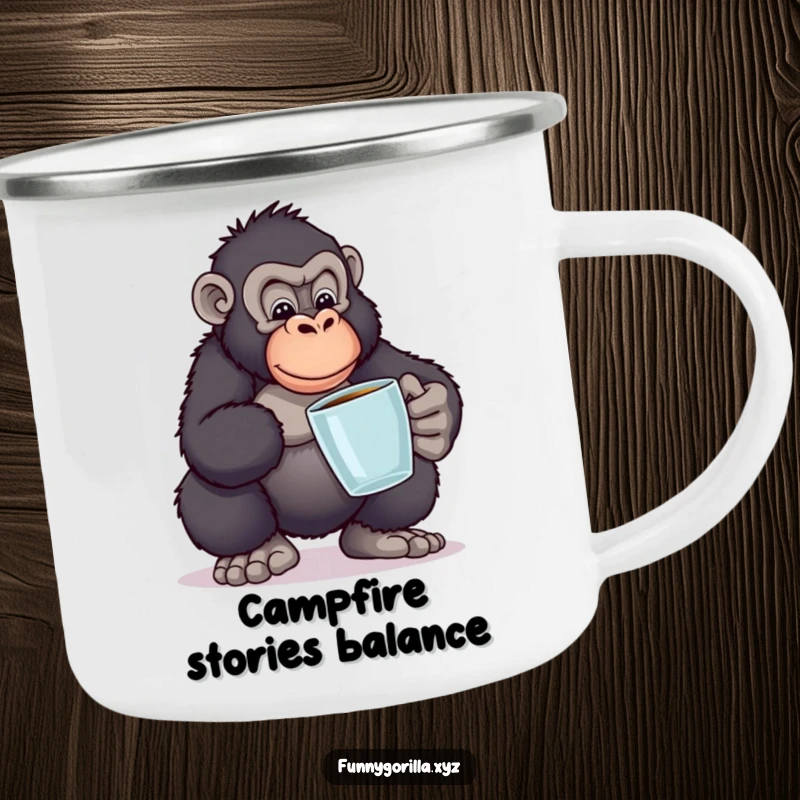 Funny camping mug featuring a gorilla balancing books, symbolizing knowledge and humor for outdoor adventures and intellectual pursuits.