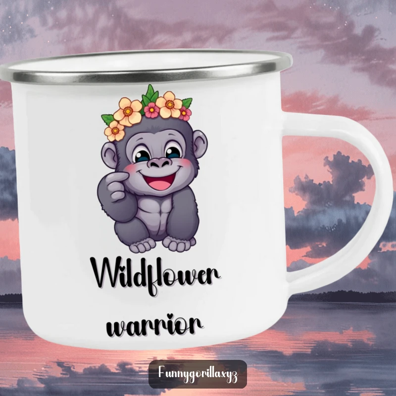 Funny camping mug depicting a happy gorilla wearing a flower crown, playfully poking its cheek, suitable for outdoor adventures.
