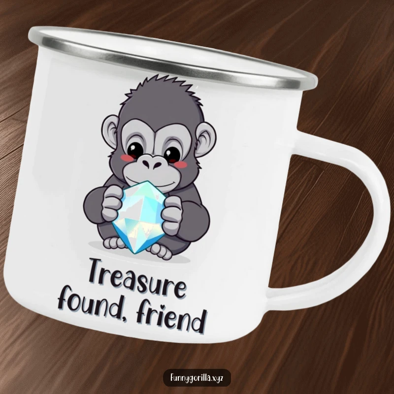 Funny gorilla camping mug, a curious ape captivated by a large, sparkling jewel in an outdoor setting.