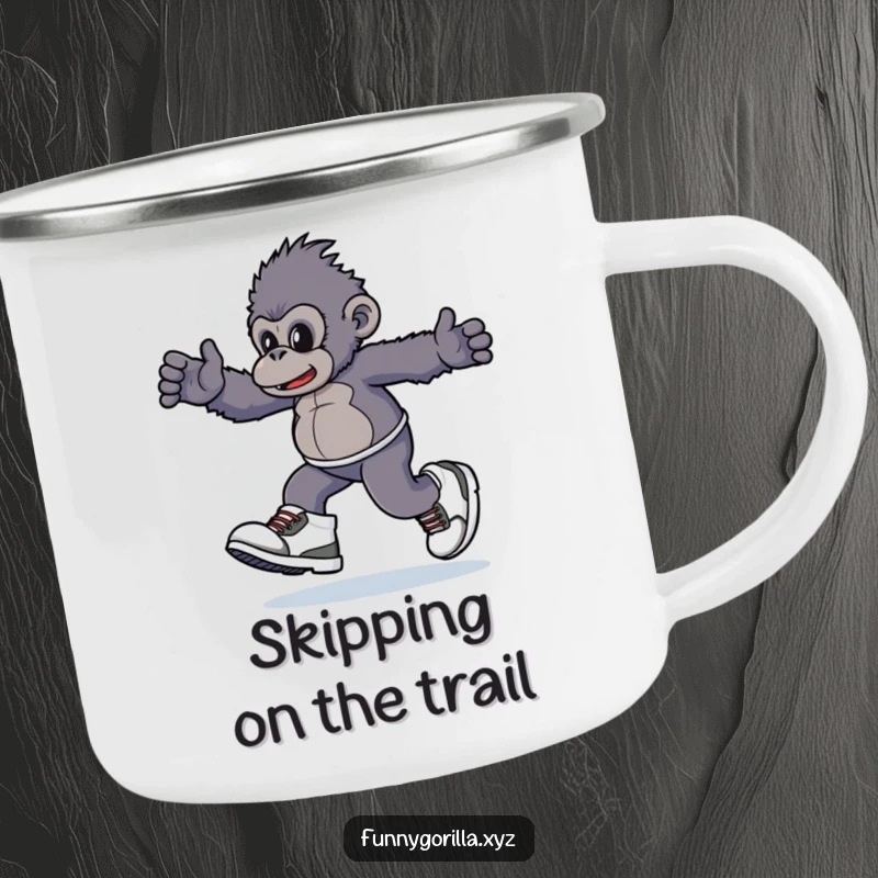 Funny Camping Mug of a gorilla character playfully skipping in oversized sneakers, ready for any outdoor escapade with a humorous vibe.