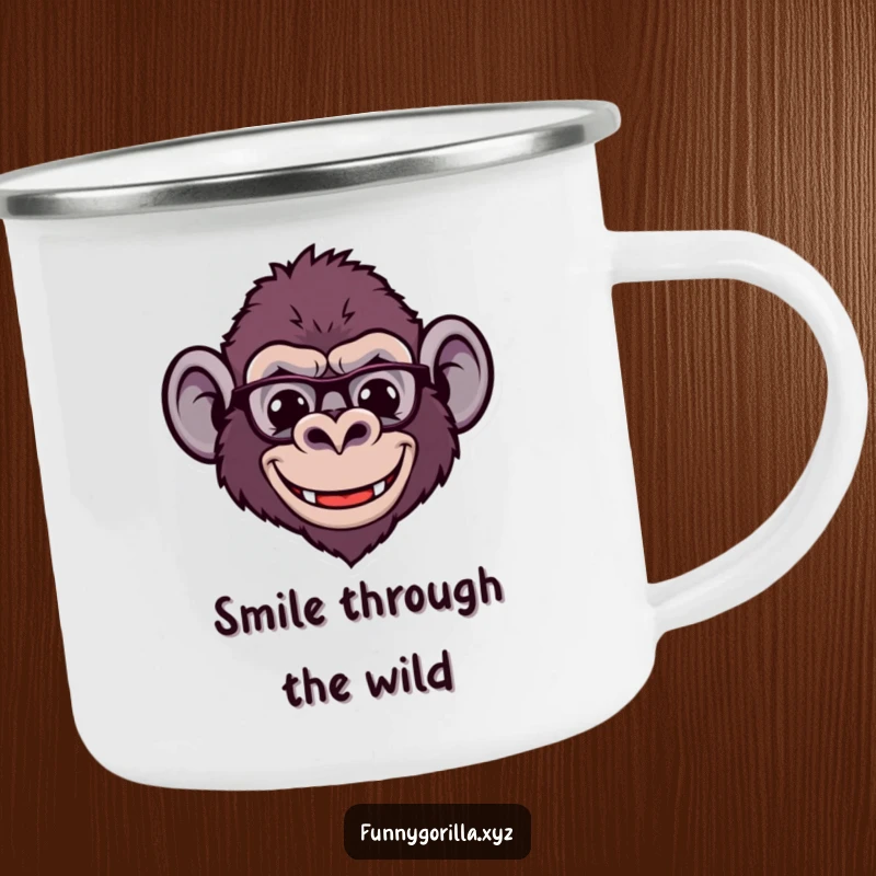 Funny Camping Mug with a stylized gorilla head, a wide, comical smile, and small ears, ready for your next outdoor escapade.