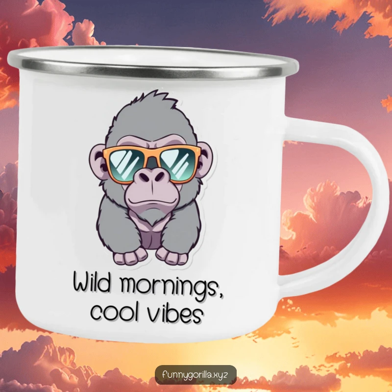 Funny Gorilla Camping Mug, a winking gorilla wearing sunglasses, perfect for outdoor adventures and adding humor to your drink.