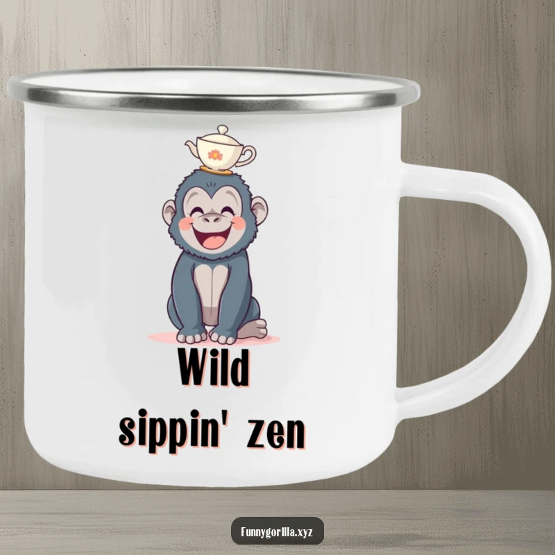 Funny gorilla camping mug, a happy ape enjoying the outdoors while balancing a tiny teacup on its head.