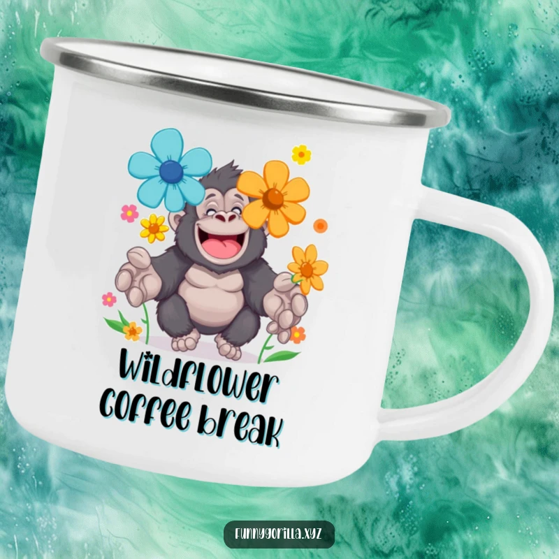 Funny Camping Mug of a cheerful gorilla character juggling brightly colored flowers with large paws, ideal for humorous outdoor drinks.