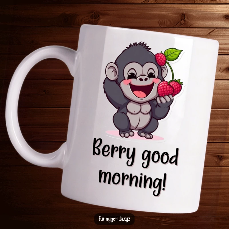 Funny Mug showing a happy gorilla character excitedly offering a single berry with a wide, joyful expression, a gesture of pure delight.