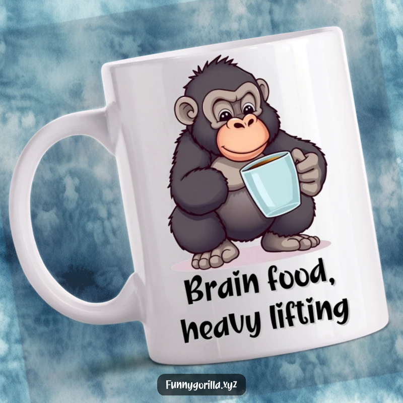 Funny mug featuring a gorilla in a comical pose attempting to balance a tall stack of books, symbolizing a humorous struggle with knowledge.