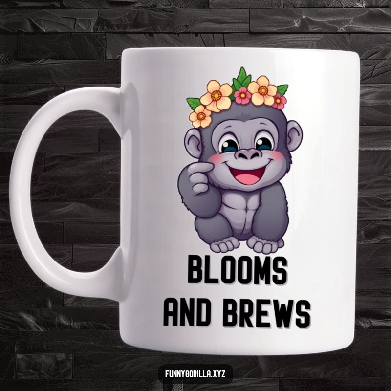 Funny mug featuring a happy gorilla wearing a flower crown, playfully poking its cheek with a sweet and charming expression.