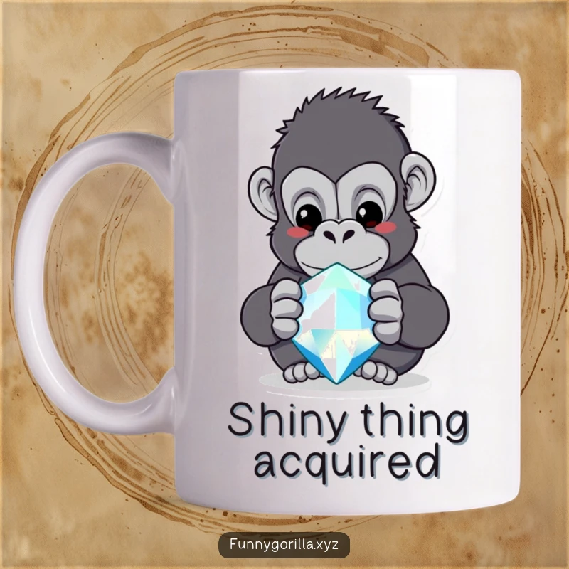 Funny gorilla mug, a curious ape gazing intently at a large, sparkling, multifaceted jewel with wonder.