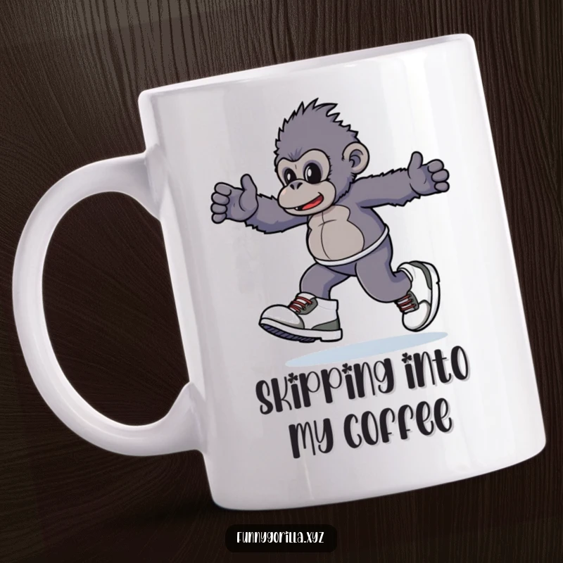 Funny Mug featuring a gorilla character joyfully skipping while wearing comically oversized sneakers, radiating playful energy.