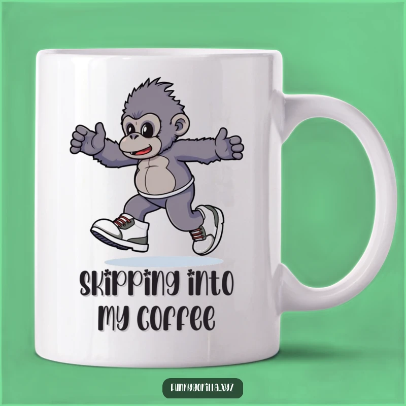 Funny Gorilla Sneakers Mug: Playful Primate Skipping in Giant Shoes Hilariously