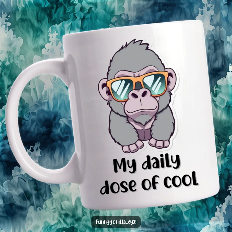 Funny Gorilla Mug featuring a mischievous gorilla wearing oversized sunglasses and winking playfully, exuding cool confidence and humor.