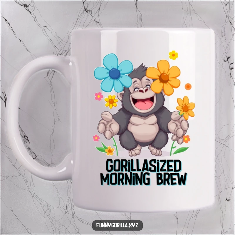 Funny Mug showing a cheerful gorilla character gently juggling colorful flowers with its large, capable paws.