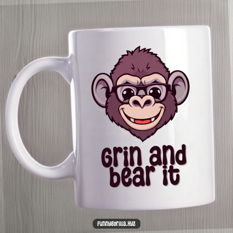 Funny Mug featuring a stylized gorilla head with a wide, comical smile and tiny ears, radiating pure, hilarious joy.