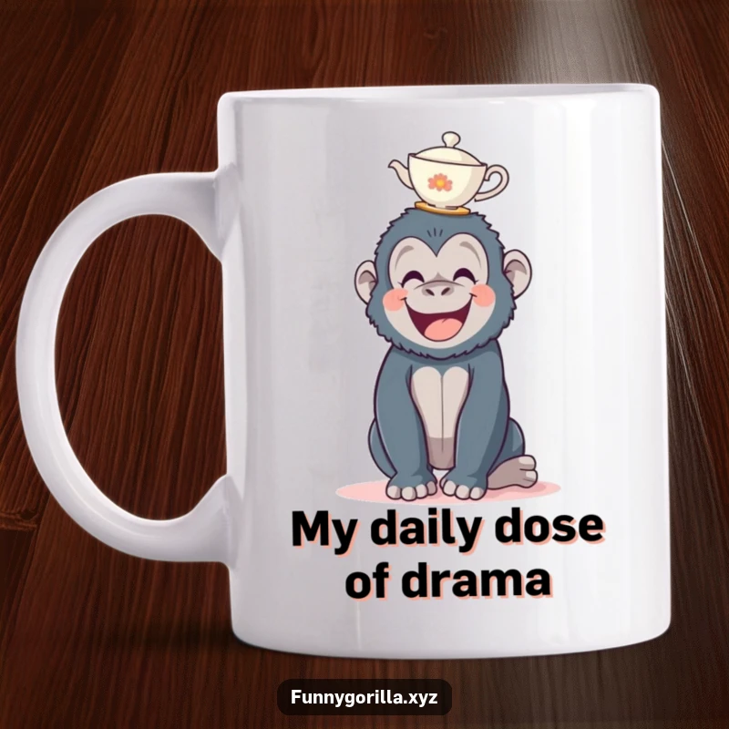 Funny gorilla mug, a happy primate carefully balancing a tiny white teacup on its head, looking focused.