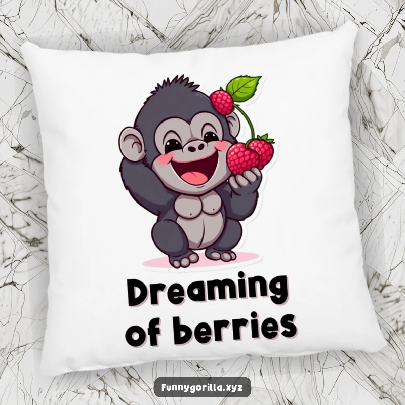Funny Pillow with a happy gorilla character excitedly offering a berry, designed for maximum comfort and a touch of sweet humor.