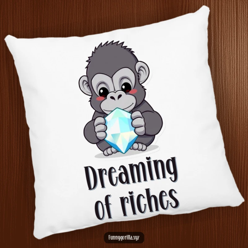 Funny gorilla pillow, a curious ape mesmerized by the brilliance of a large, sparkling jewel.