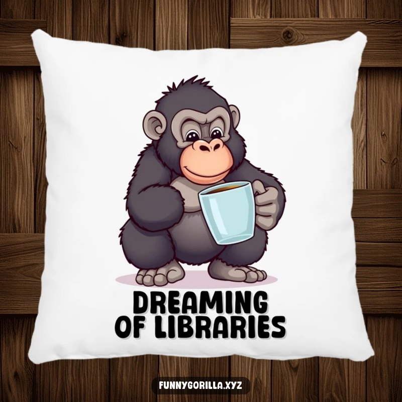 Funny pillow featuring a gorilla balancing books in a funny pose, offering cozy comfort and a humorous representation of intellectual pursuits.