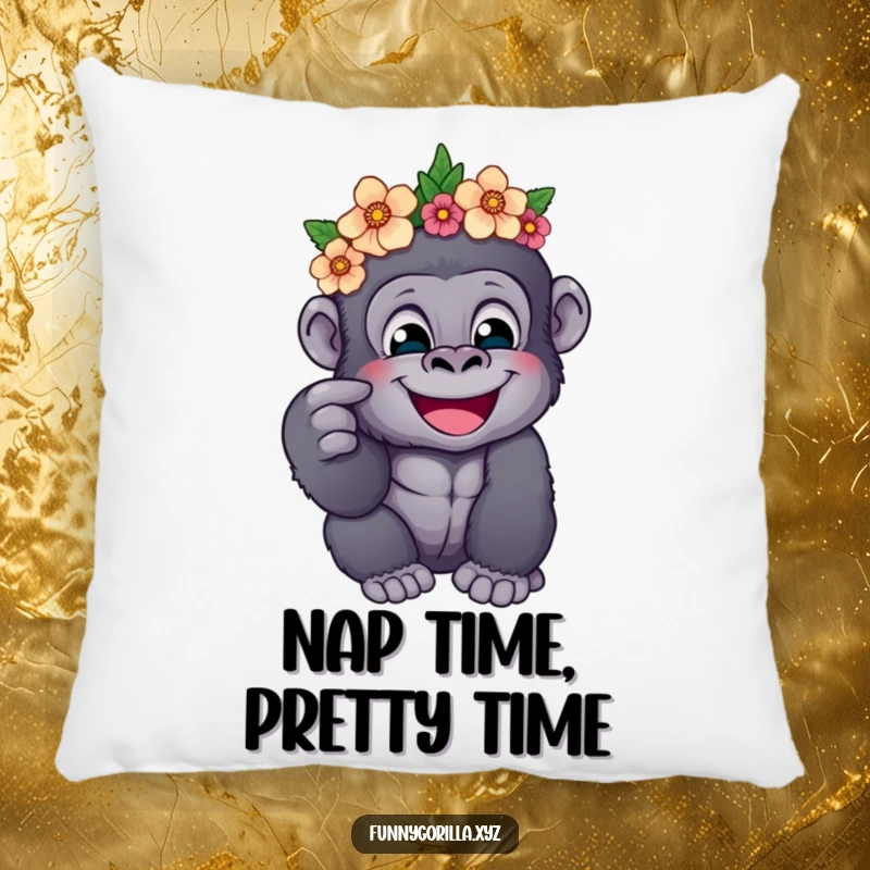 Funny pillow adorned with a happy gorilla wearing a flower crown, playfully poking its cheek, soft and cuddly for ultimate comfort.