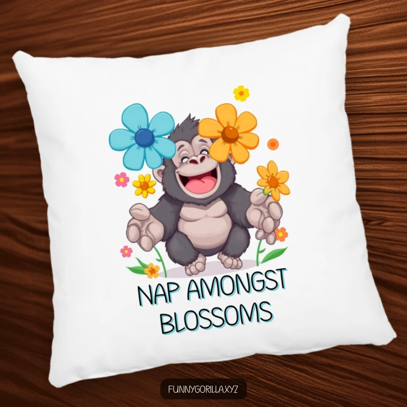 Funny Pillow of a cheerful gorilla character juggling brightly colored flowers with large paws, offering comfort and gentle decor.