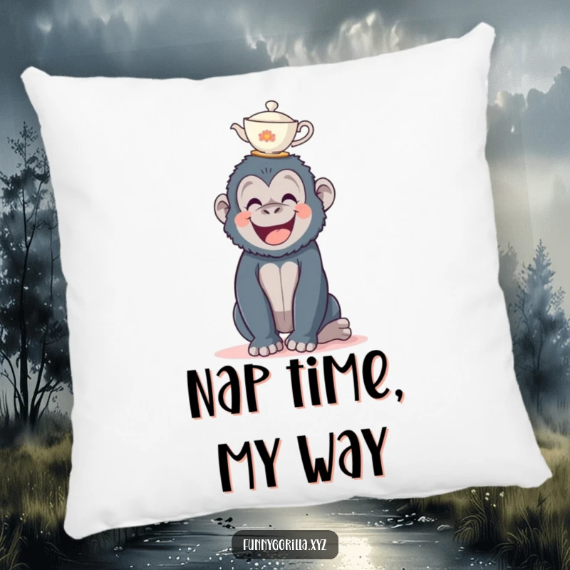 Funny gorilla pillow, a contented primate balancing a small teacup on its head, adding a touch of humor.