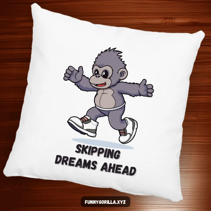 Funny Pillow with a gorilla character playfully skipping in oversized sneakers, designed for comfort with a humorous, lighthearted touch.