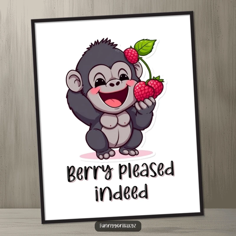 Funny Digital Art Print of a happy gorilla character excitedly offering a berry, captured in a moment of pure, sharing joy.