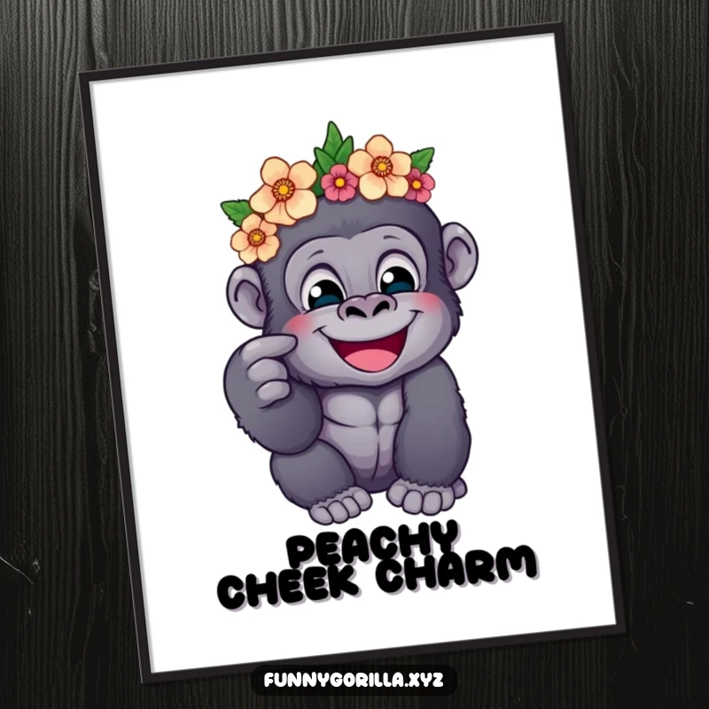 Funny digital art print of a happy gorilla wearing a flower crown, playfully poking its cheek, for instant charming wall decor.