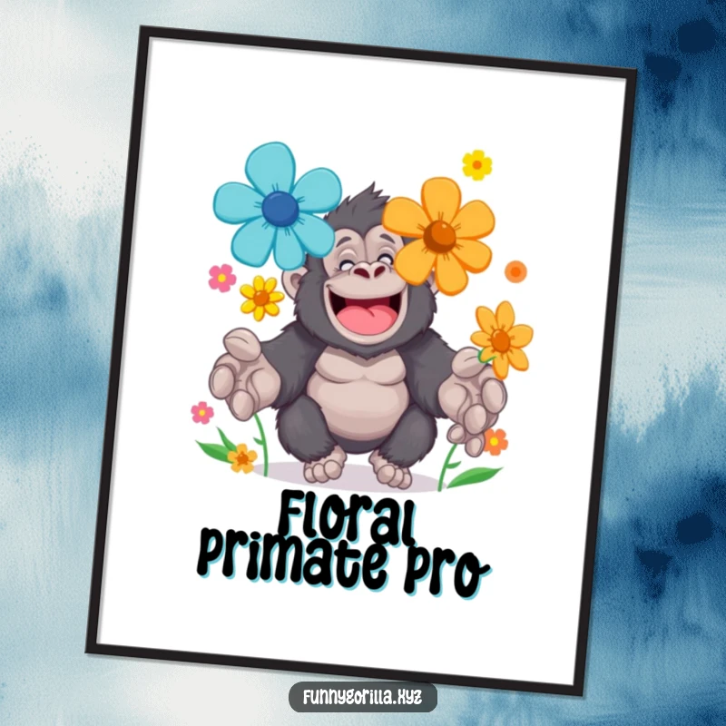 Funny Digital Art Print of a cheerful gorilla character juggling brightly colored flowers with large paws, offering instant gentle decor.