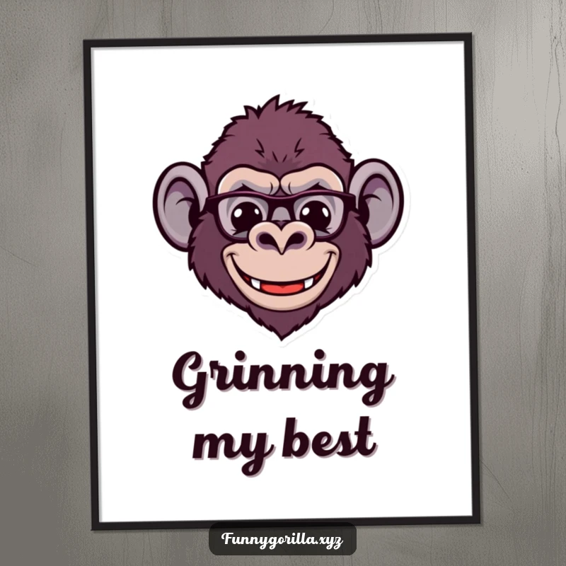 Funny Digital Art Print of a stylized gorilla head with a wide, comical smile and tiny ears, radiating infectious, humorous energy.