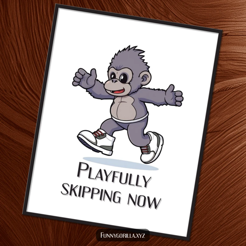 Funny Digital Art Print of a gorilla character playfully skipping in comically oversized sneakers, radiating infectious, playful energy.
