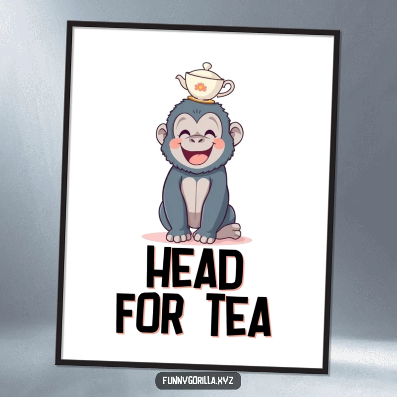 Funny gorilla digital art print, a happy ape delicately balancing a tiny teacup on its head, full of charm.