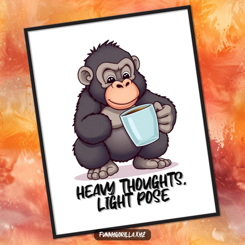 Funny digital art print of a gorilla in a funny pose balancing books, conveying humorous intellectual pursuits for instant digital decor.