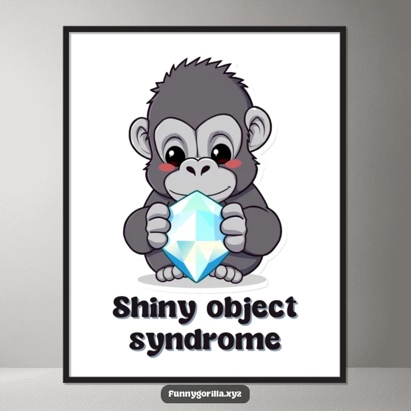 Funny gorilla digital art print, a curious ape intently staring at a massive, sparkling jewel.