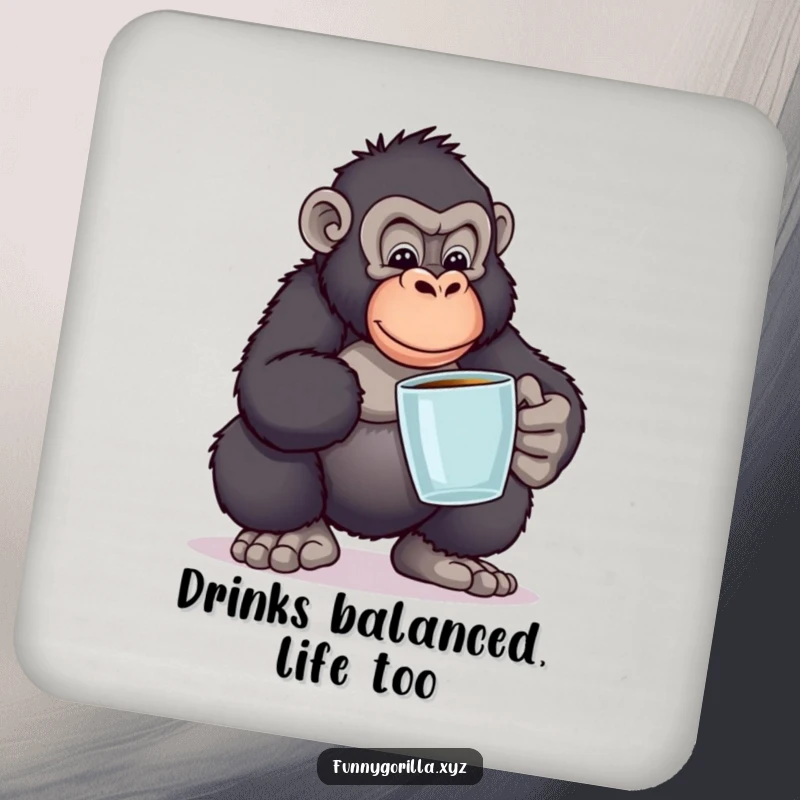 Funny drink coaster featuring a gorilla balancing books in a funny pose, adding intellectual humor and protecting surfaces with charm.