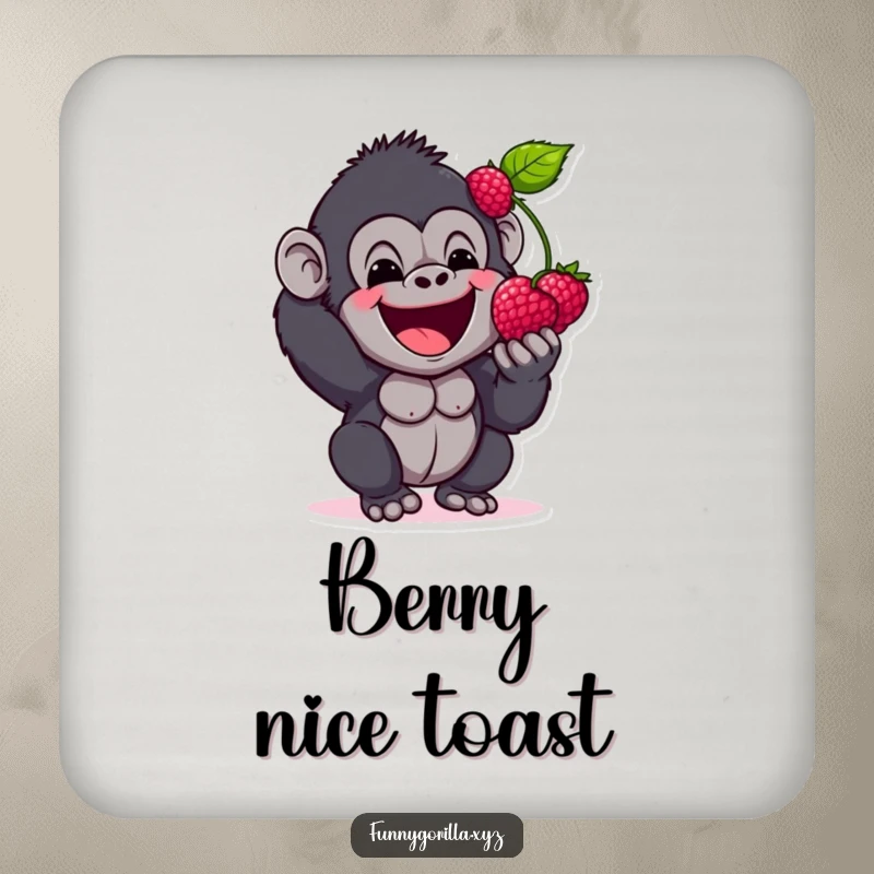 Funny Coaster with a happy gorilla character excitedly offering a berry, protecting surfaces with a sweet and humorous gesture.