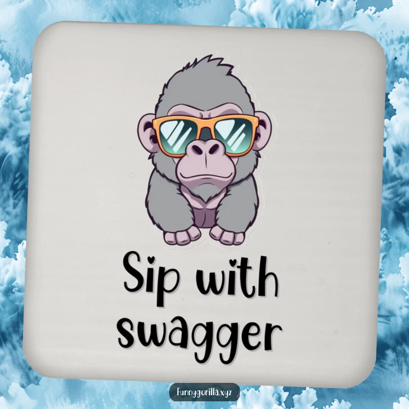 Funny Gorilla Drink Coaster, a mischievous gorilla wearing sunglasses winks, protecting surfaces with humor and style.