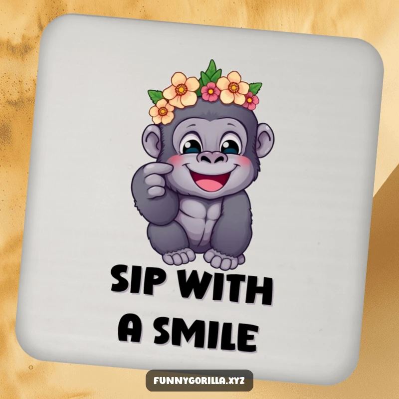 Funny drink coaster featuring a happy gorilla wearing a flower crown, playfully poking its cheek, protecting furniture with delightful humor.