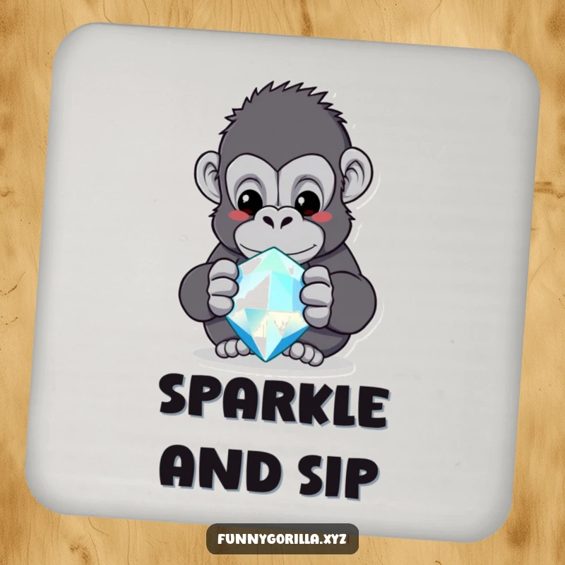 Funny gorilla coaster, a curious ape gazing at a large, sparkling jewel, protecting your table.