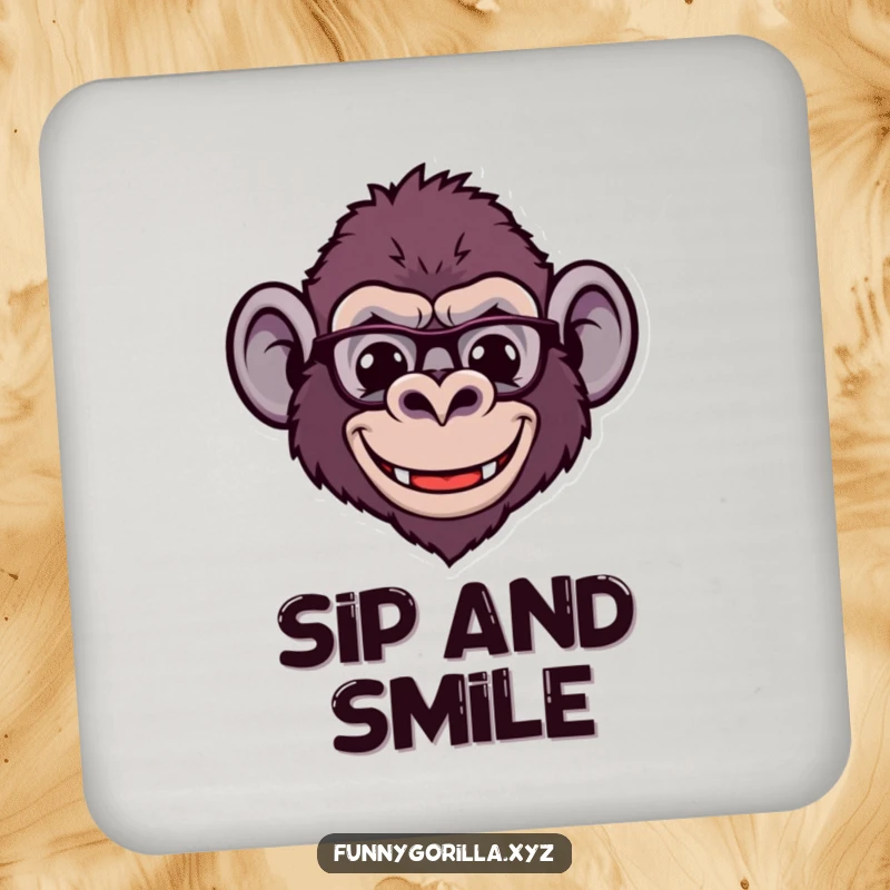 Funny Coaster featuring a stylized gorilla head with a wide, comical smile and little ears, protecting surfaces with humor.