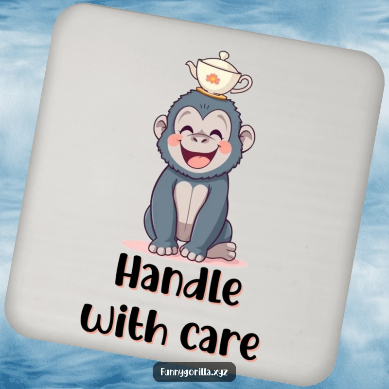 Funny gorilla coaster, a happy primate precisely balancing a tiny teacup on its head, preventing spills.